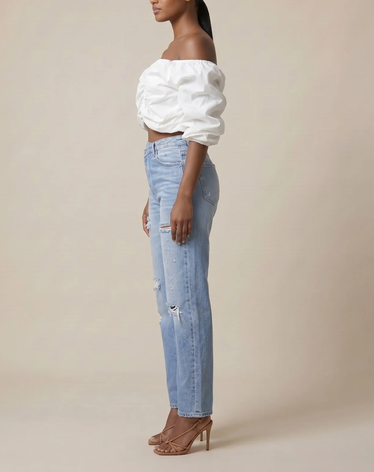 Off the Shoulder puff sleeve top+Pleated Pants