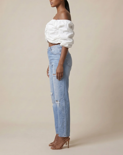 Off the Shoulder puff sleeve top+Pleated Pants
