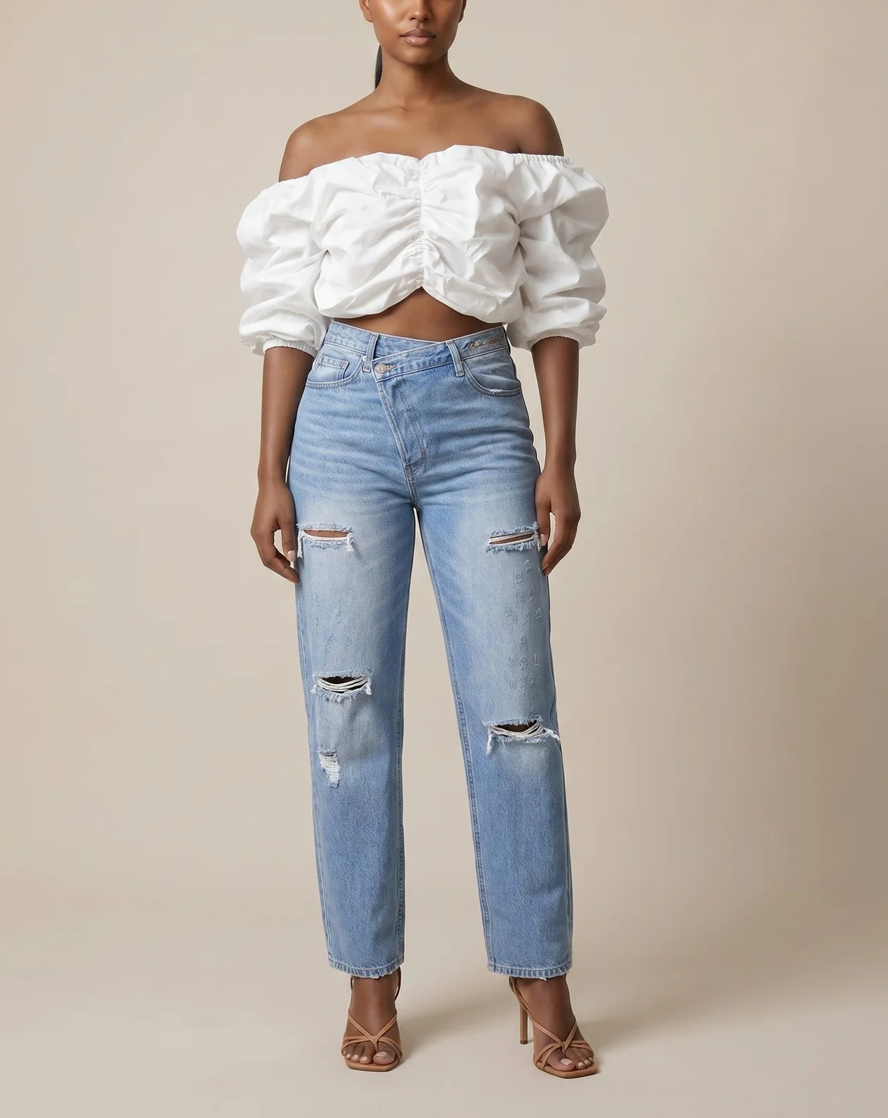 Off the Shoulder puff sleeve top+Pleated Pants