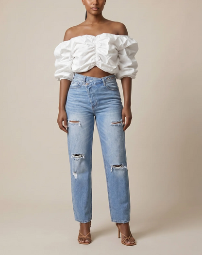 Off the Shoulder puff sleeve top+Pleated Pants