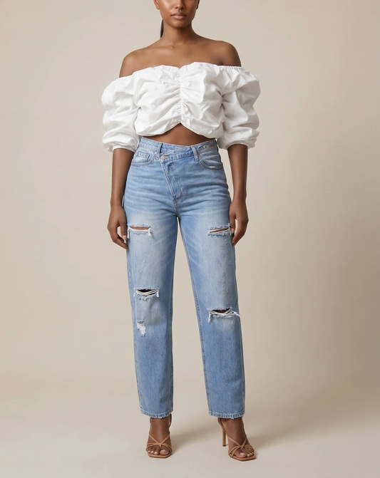 Off the Shoulder puff sleeve top+Pleated Pants