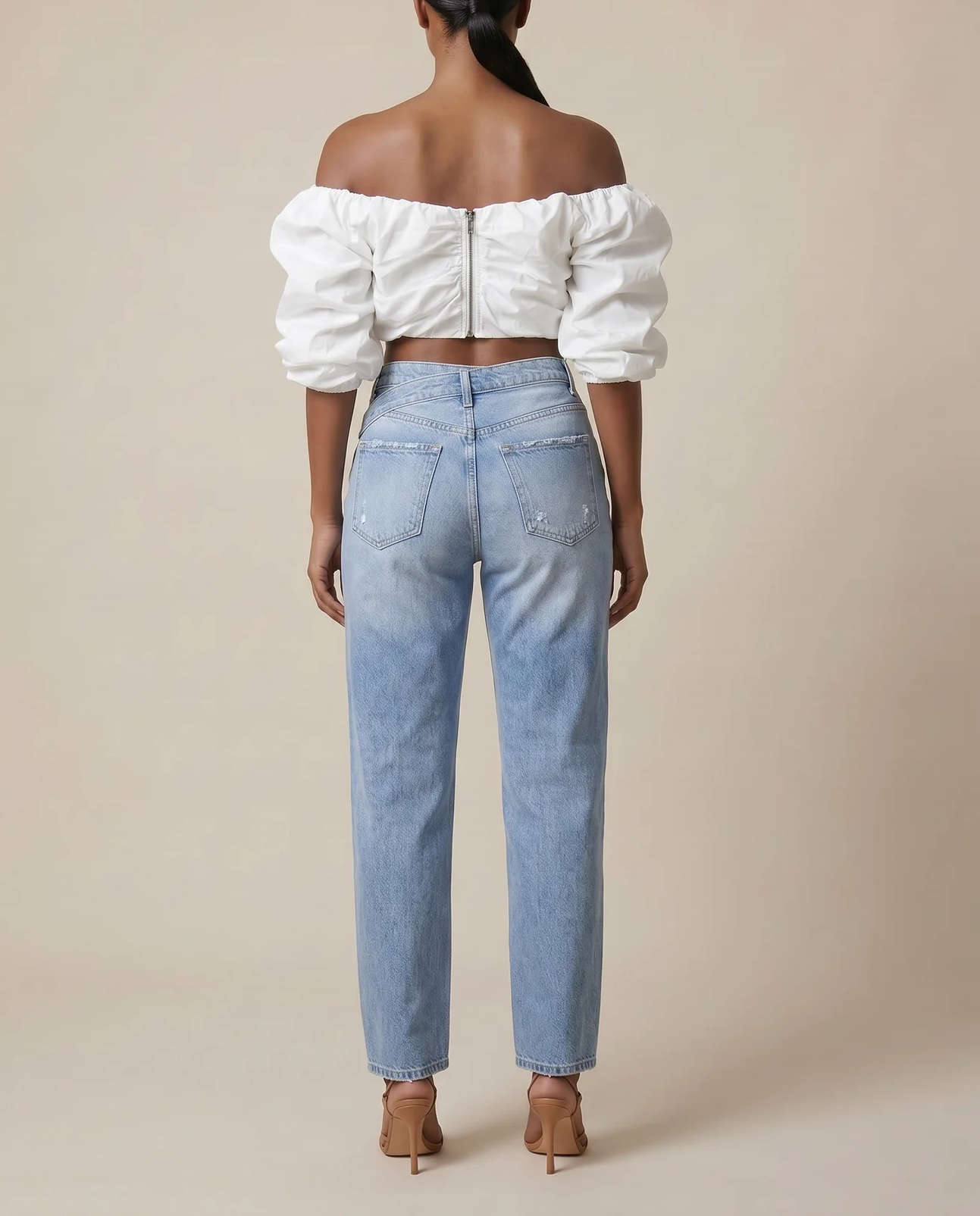 Off the Shoulder puff sleeve top+Pleated Pants