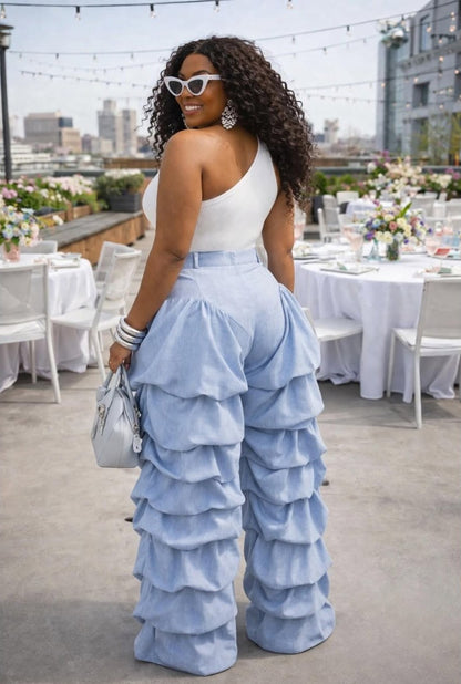 Off the Shoulder puff sleeve top+Pleated Pants