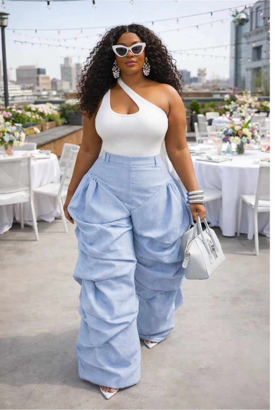 Off the Shoulder puff sleeve top+Pleated Pants