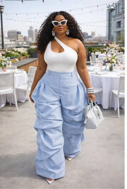 Off the Shoulder puff sleeve top+Pleated Pants