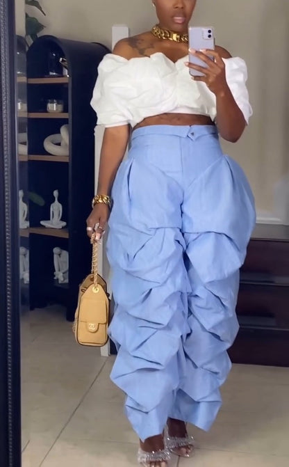Off the Shoulder puff sleeve top+Pleated Pants