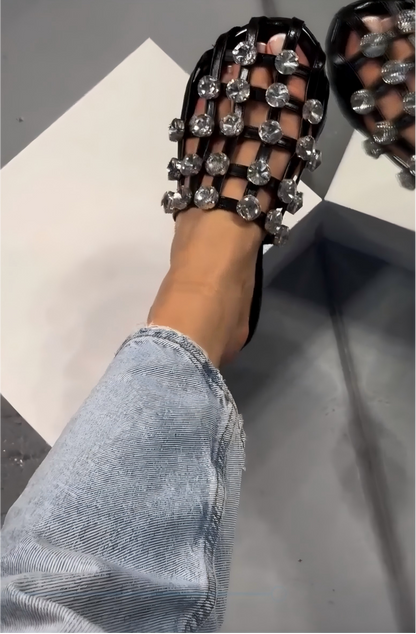 Mesh-top flat shoes with diamond embellishments
