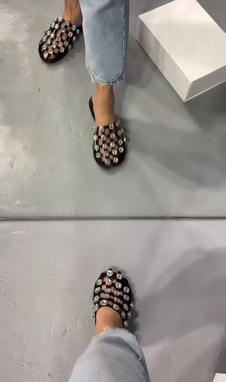 Mesh-top flat shoes with diamond embellishments