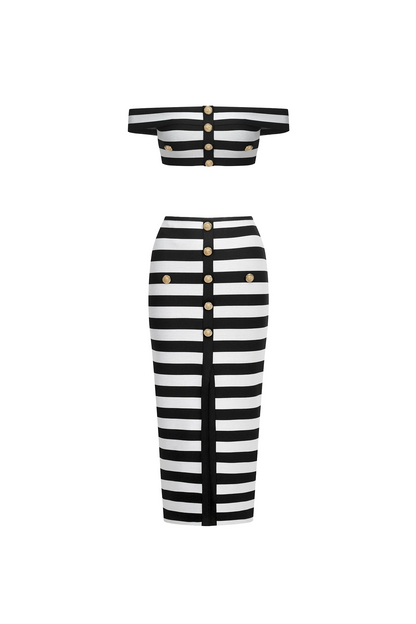 Off-the-Shoulder Hollow Out Slit Bandage Midi Two-Piece Set