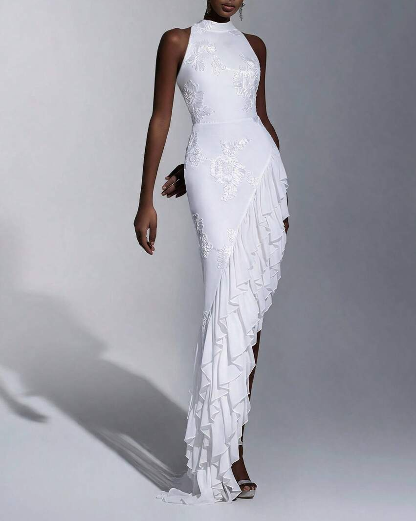 Ribbon Embroidered Asymmetric Ruffled Dress