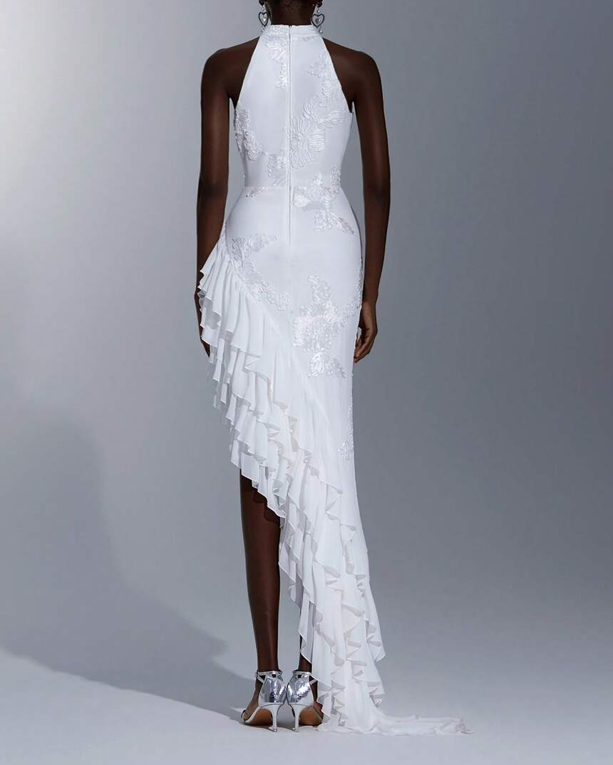 Ribbon Embroidered Asymmetric Ruffled Dress