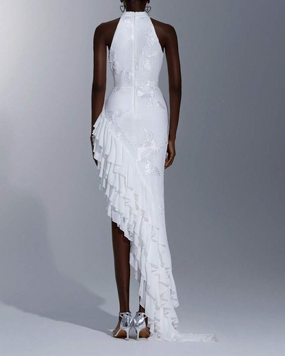 Ribbon Embroidered Asymmetric Ruffled Dress