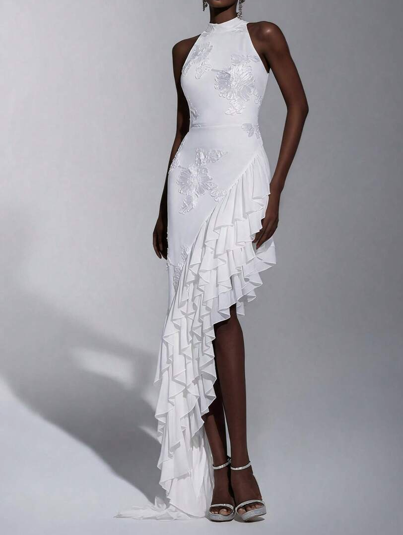 Ribbon Embroidered Asymmetric Ruffled Dress