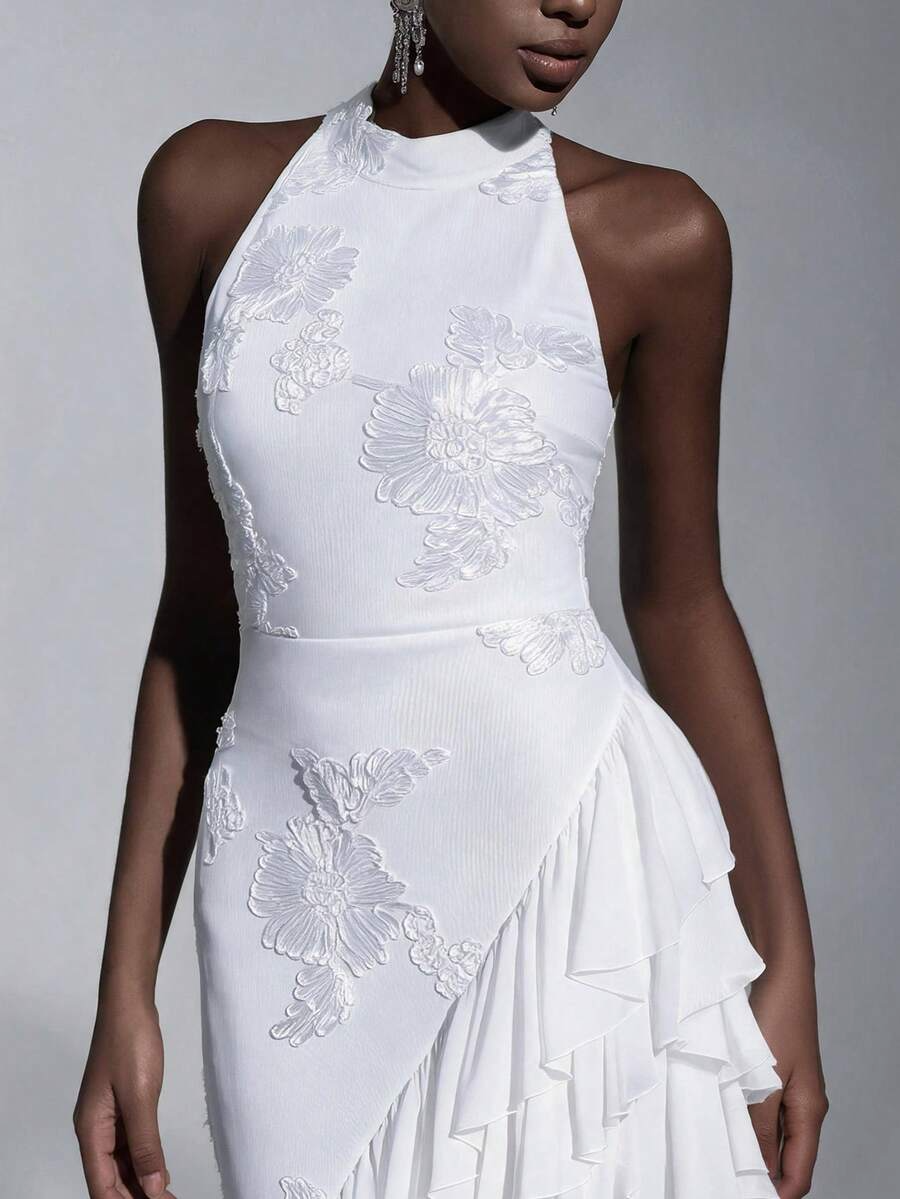 Ribbon Embroidered Asymmetric Ruffled Dress
