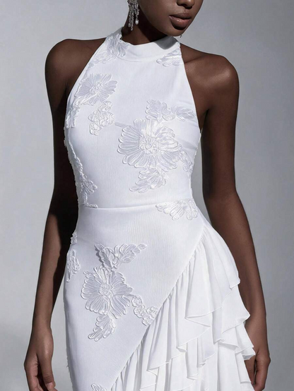 Ribbon Embroidered Asymmetric Ruffled Dress