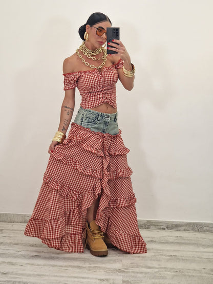 Checkered Denim Patchwork Set