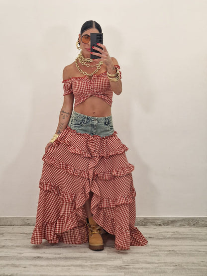 Checkered Denim Patchwork Set
