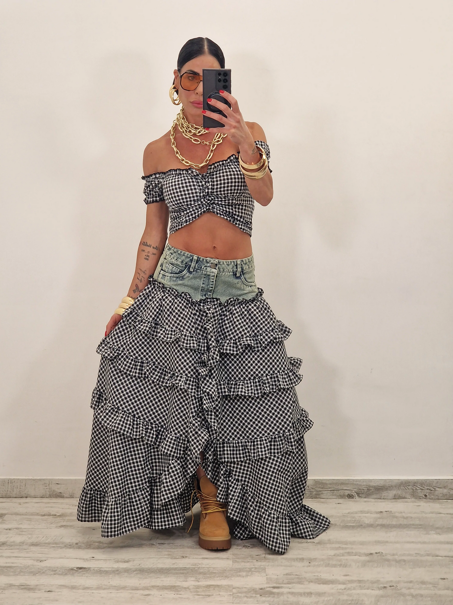 Checkered Denim Patchwork Set