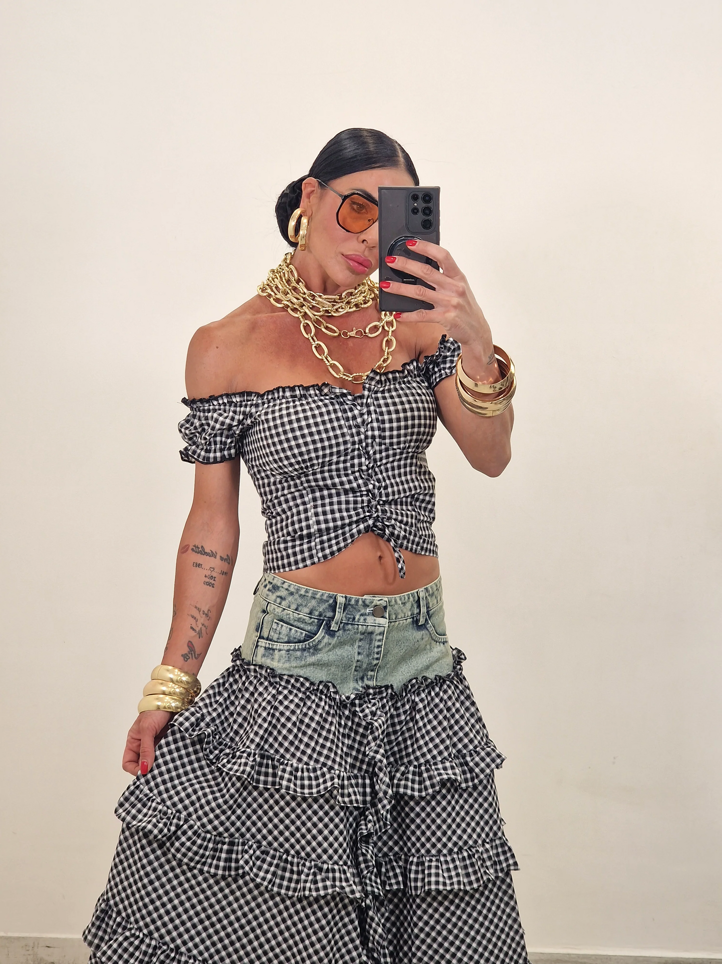 Checkered Denim Patchwork Set