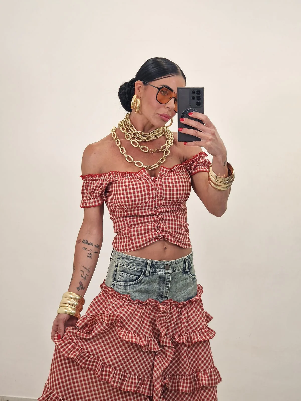 Checkered Denim Patchwork Set