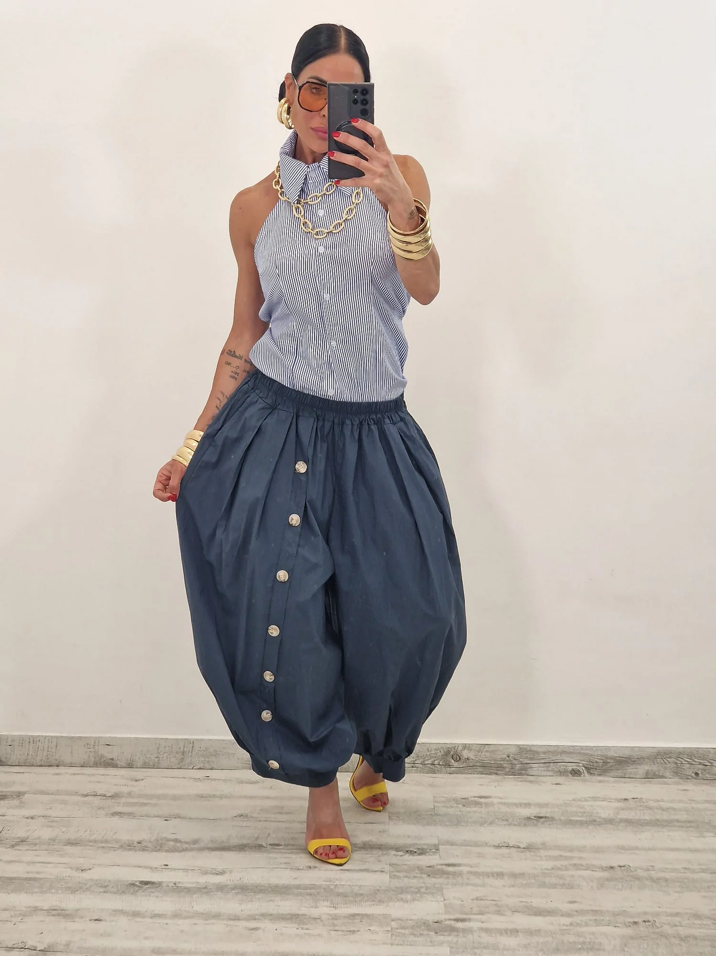 Asymmetrical Shirt + Button-Front Pleated Pants