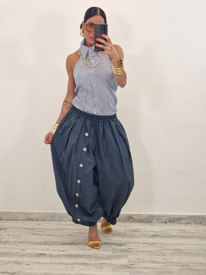 Asymmetrical Shirt + Button-Front Pleated Pants