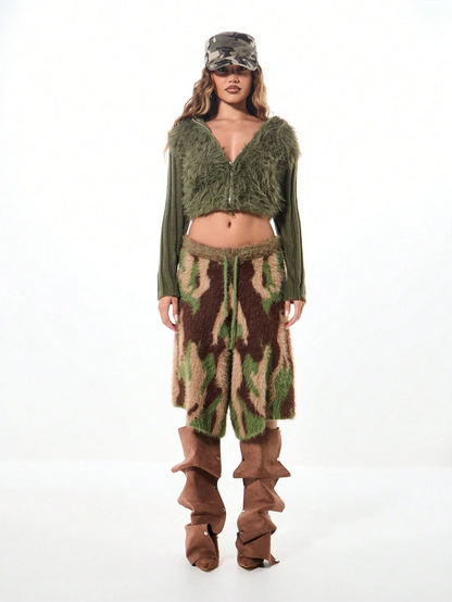 Oversized Fleece Knit Culottes with Camouflage Print
