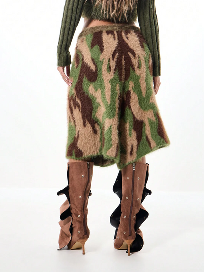 Oversized Fleece Knit Culottes with Camouflage Print