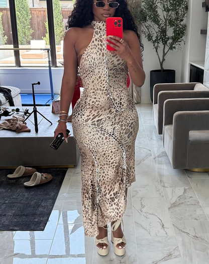Leopard-Print Pleated Maxi Dress