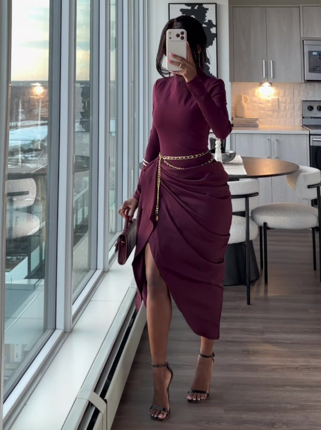 Plum Long-Sleeve Midi Dress