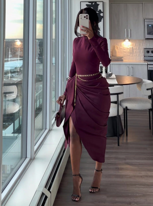 Plum Long-Sleeve Midi Dress