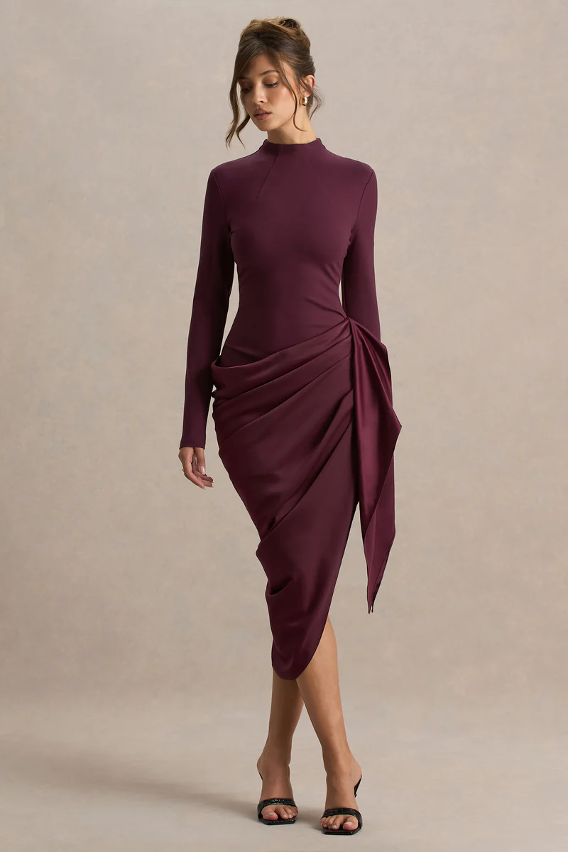 Plum Long-Sleeve Midi Dress