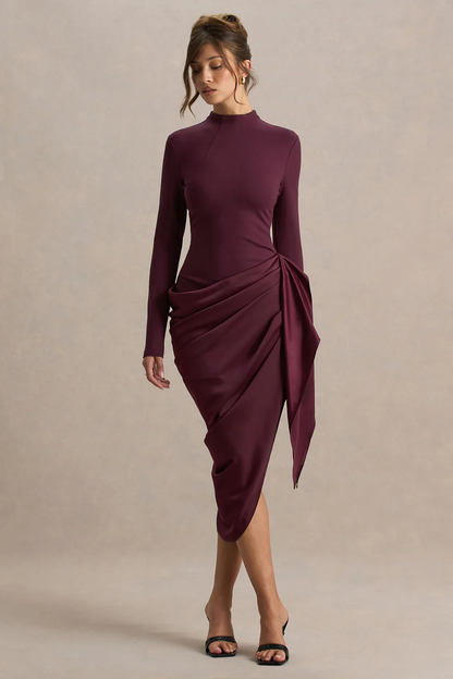 Plum Long-Sleeve Midi Dress