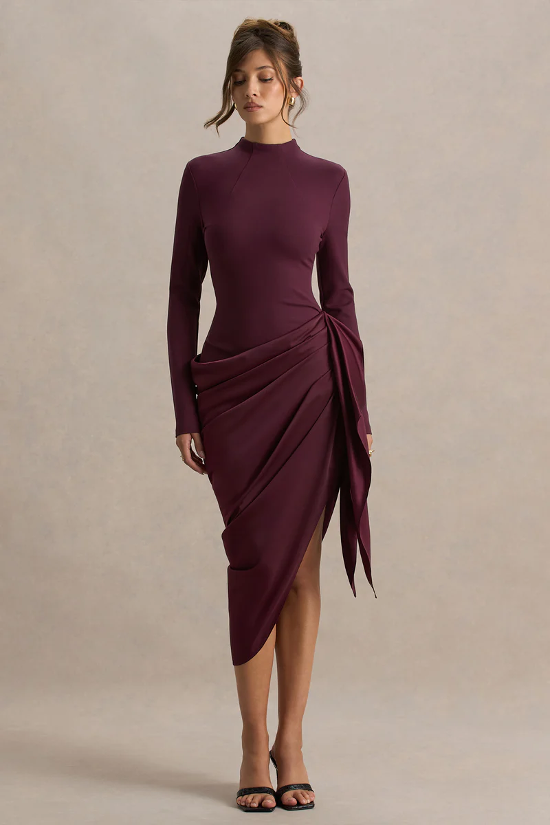 Plum Long-Sleeve Midi Dress