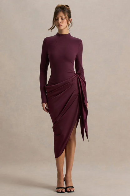 Plum Long-Sleeve Midi Dress