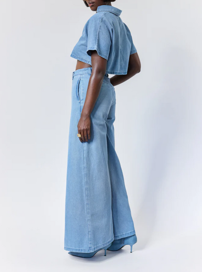 WASHED DENIM CROP TOP+FRONT FLAP WIDE LEG PANTS