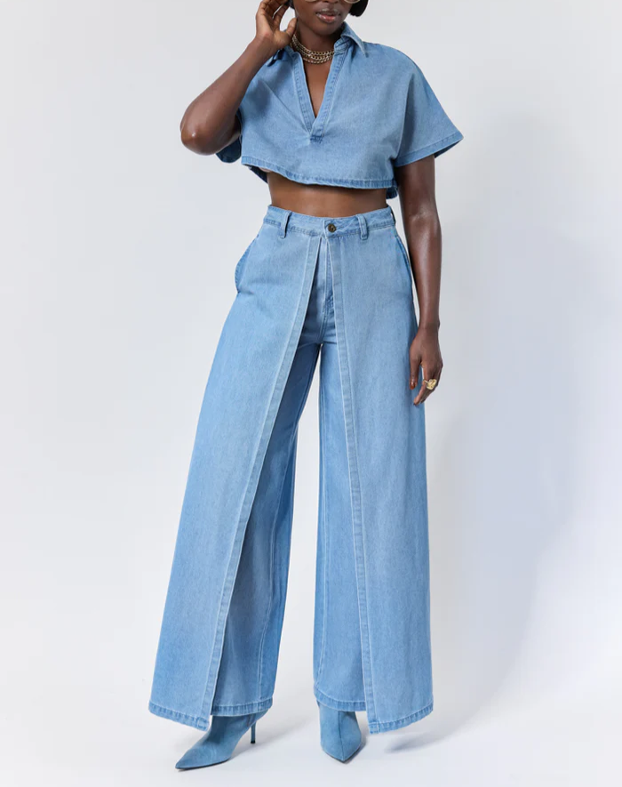 WASHED DENIM CROP TOP+FRONT FLAP WIDE LEG PANTS