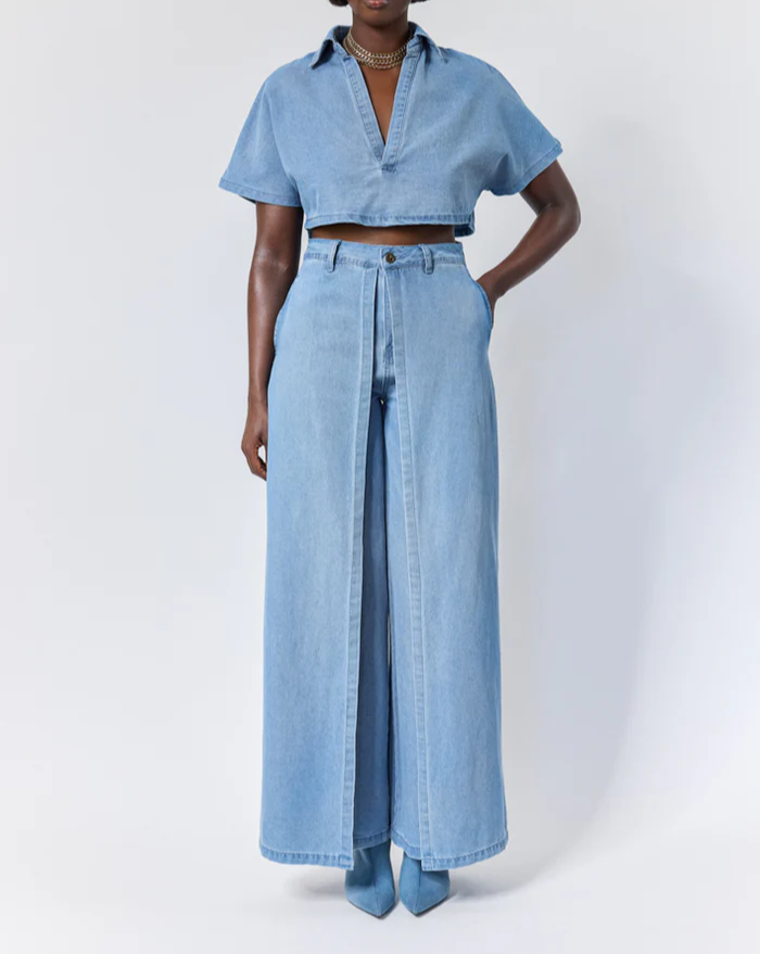 WASHED DENIM CROP TOP+FRONT FLAP WIDE LEG PANTS