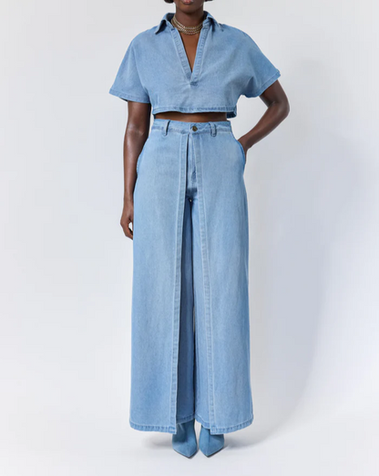 WASHED DENIM CROP TOP+FRONT FLAP WIDE LEG PANTS