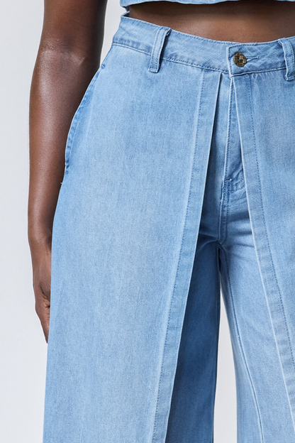 WASHED DENIM CROP TOP+FRONT FLAP WIDE LEG PANTS