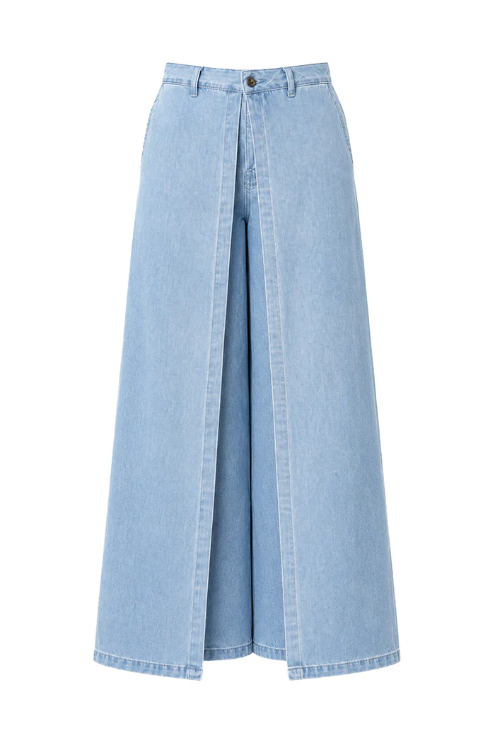 WASHED DENIM CROP TOP+FRONT FLAP WIDE LEG PANTS