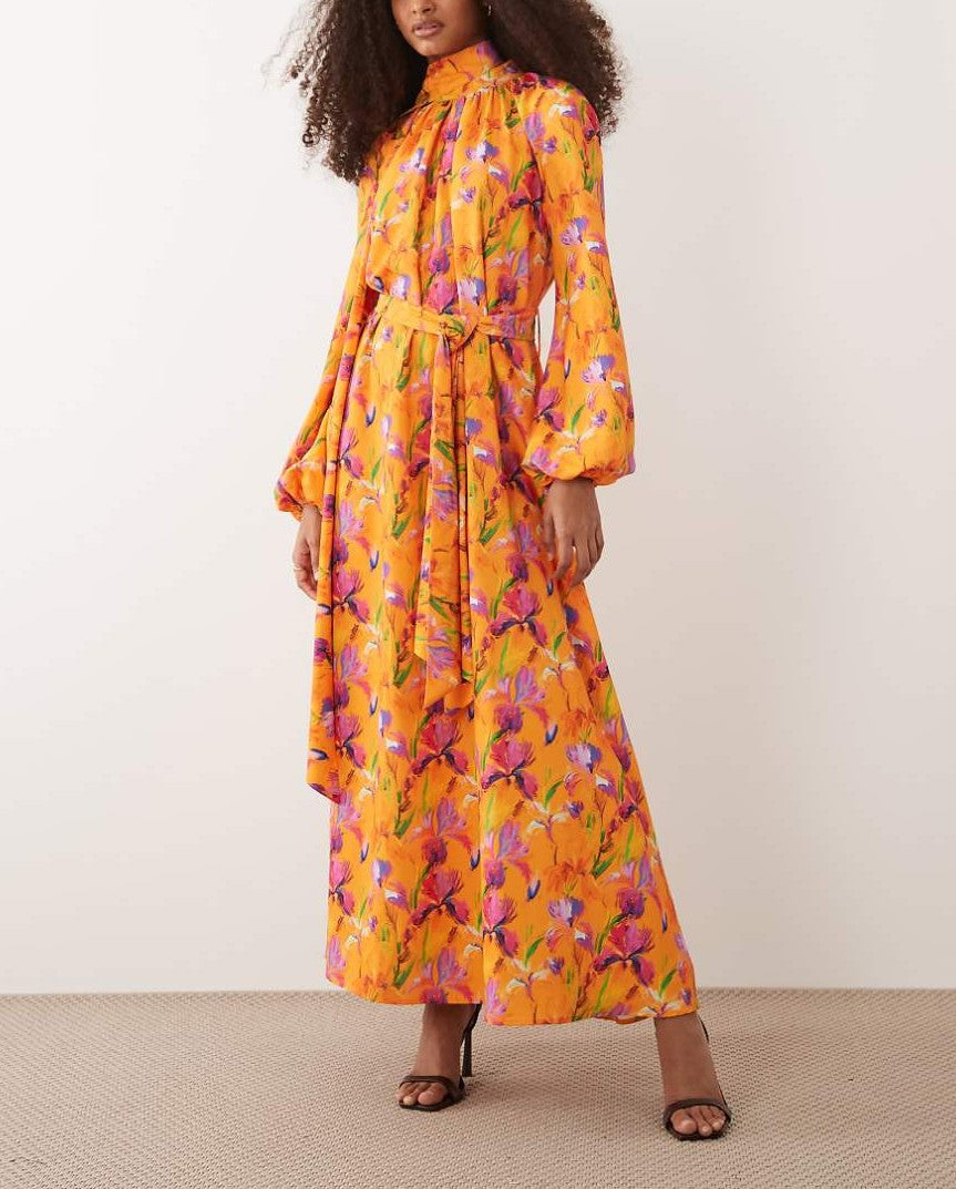 High neck balloon sleeve tie waist maxi dress