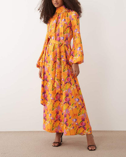 High neck balloon sleeve tie waist maxi dress