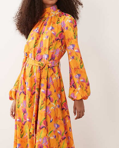 High neck balloon sleeve tie waist maxi dress
