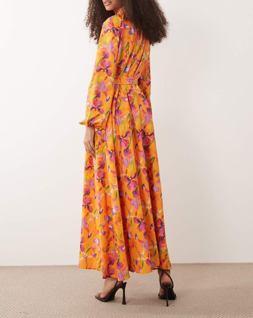 High neck balloon sleeve tie waist maxi dress