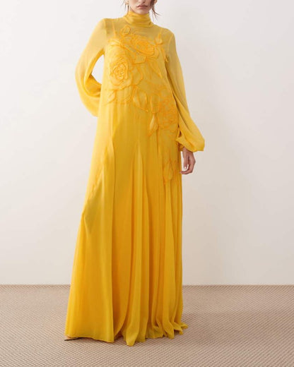 Floral tie neck blouson sleeve trapeze maxi dress