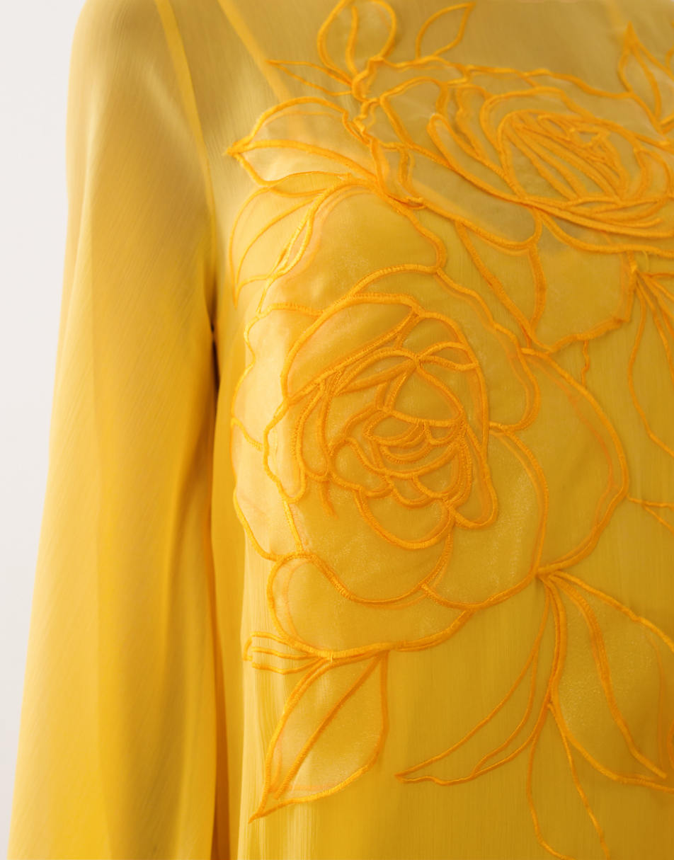 Floral tie neck blouson sleeve trapeze maxi dress