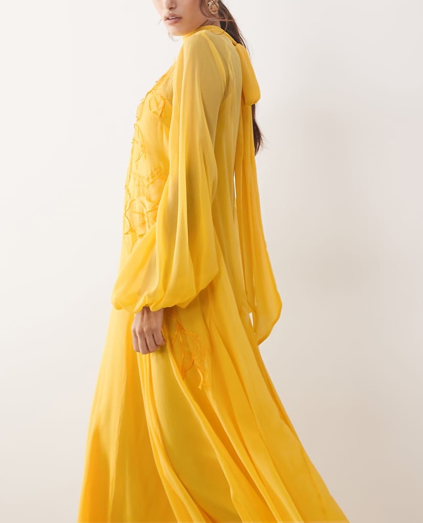 Floral tie neck blouson sleeve trapeze maxi dress