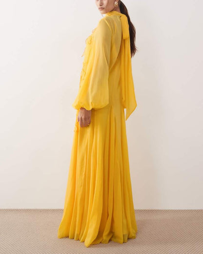 Floral tie neck blouson sleeve trapeze maxi dress