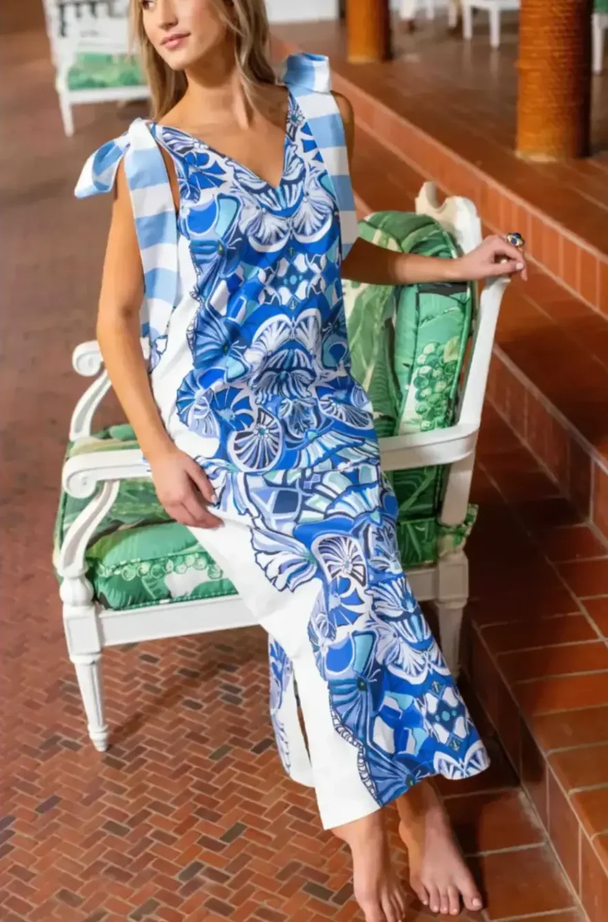 Sleeveless Printed Dress with Bow Tie Straps